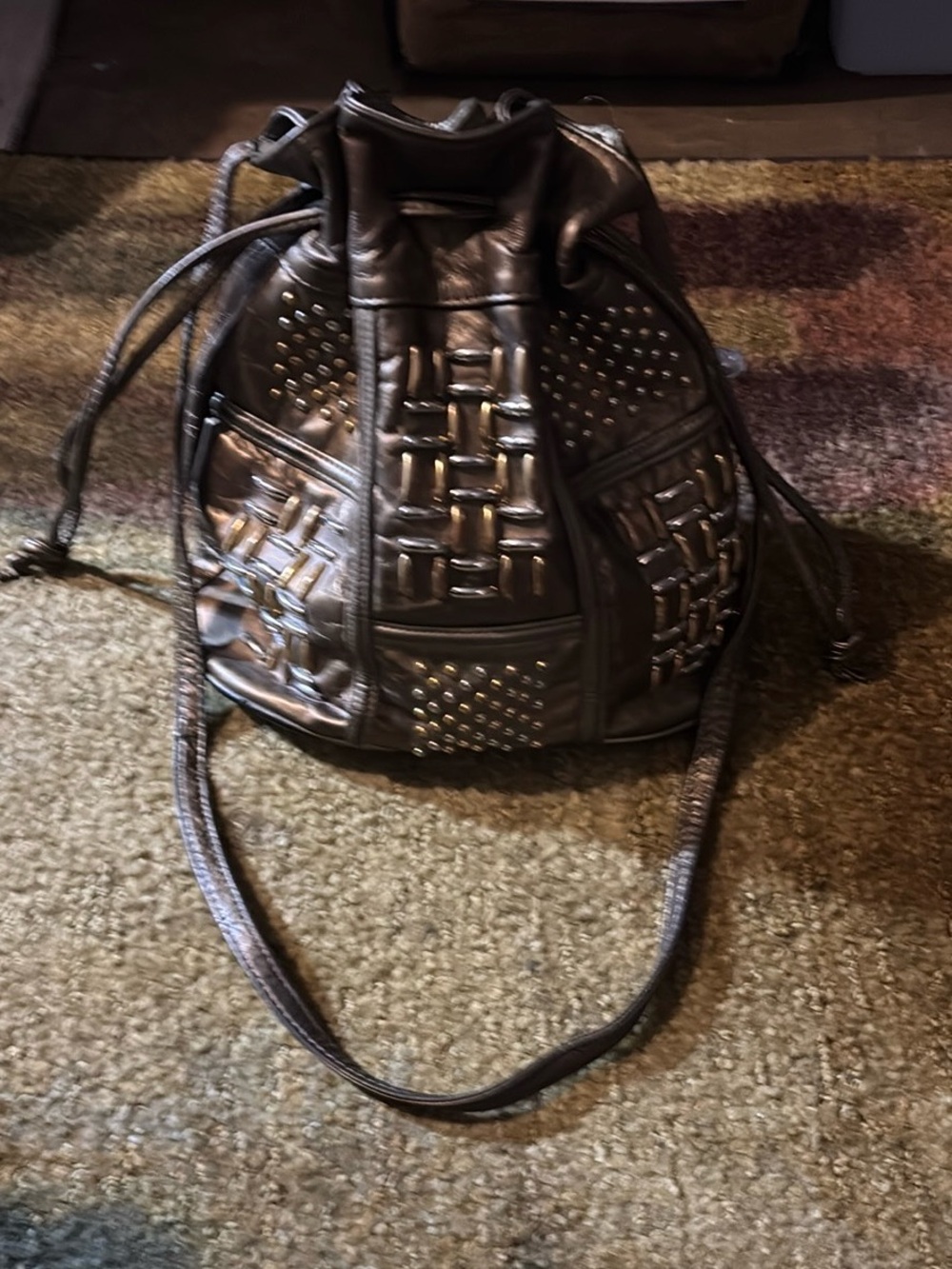 Studded Woven Drawstring Hobo Bag - Bronze